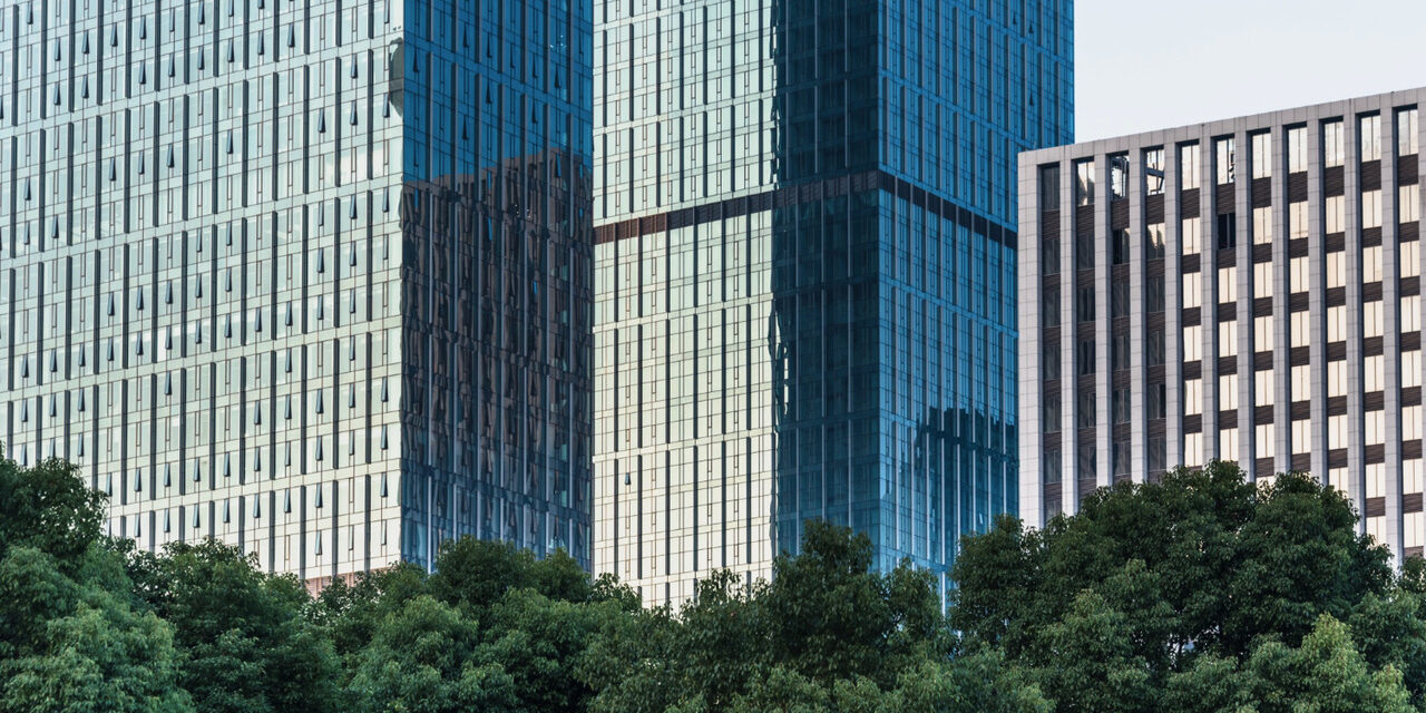 Exterior of several high-and medium-rise commercial; treetops in the foreground - photo