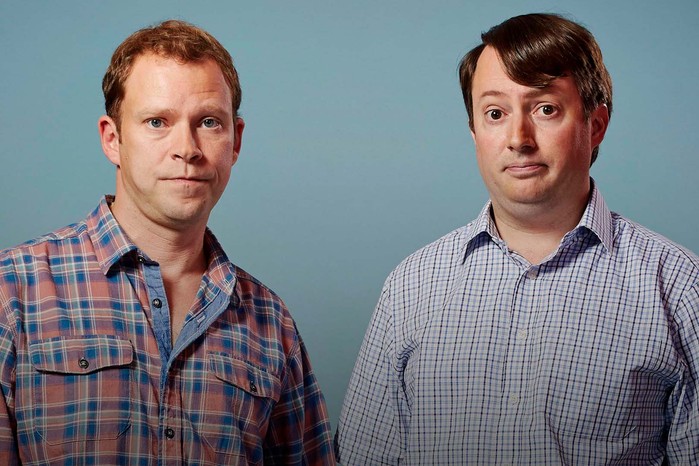 Robert Webb and David Mitchell star in Peep Show, looking into camera